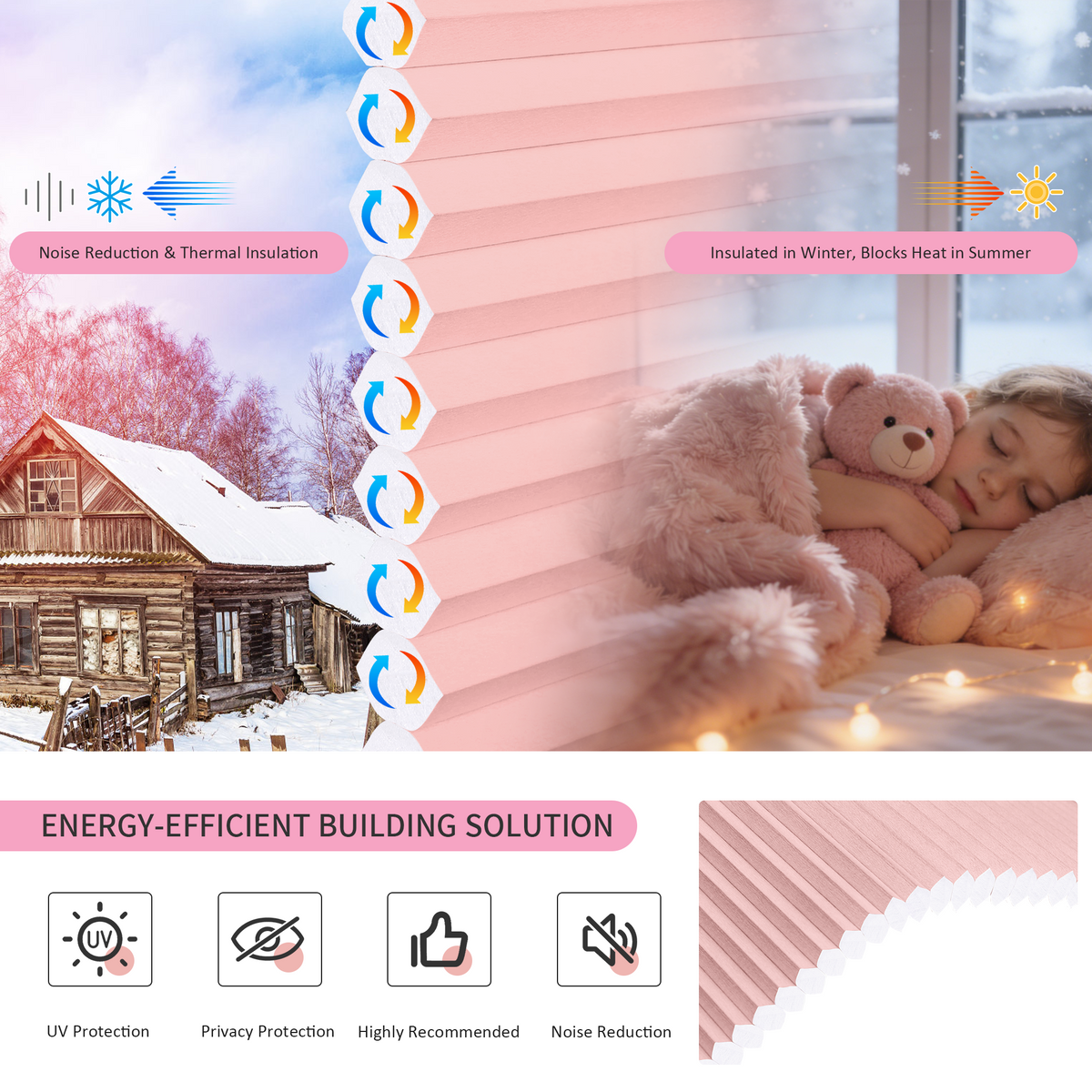 No drill cordless light filtering honeycomb shades featuring thermal insulation, UV protection, noise reduction, and privacy benefits for energy efficient homes