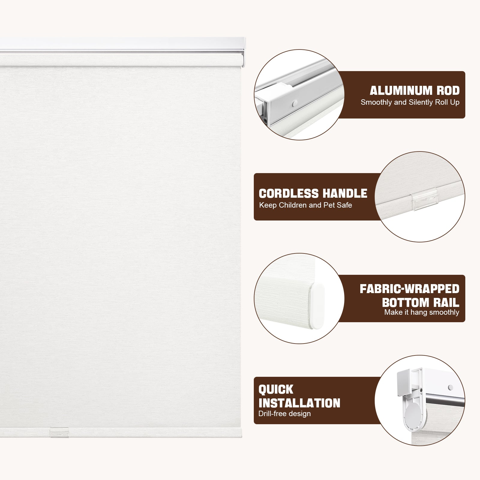 Close up detail of no drill cordless light filtering roller shade featuring aluminum rod smooth roll system, cordless safety handle, and fabric wrapped bottom rail