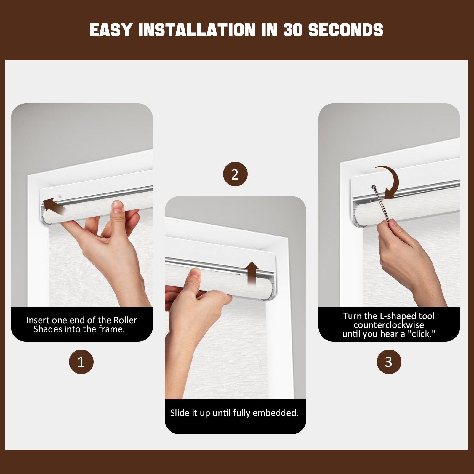 Step by step installation of no drill cordless light filtering roller shade with clamp mounting system, no drilling required