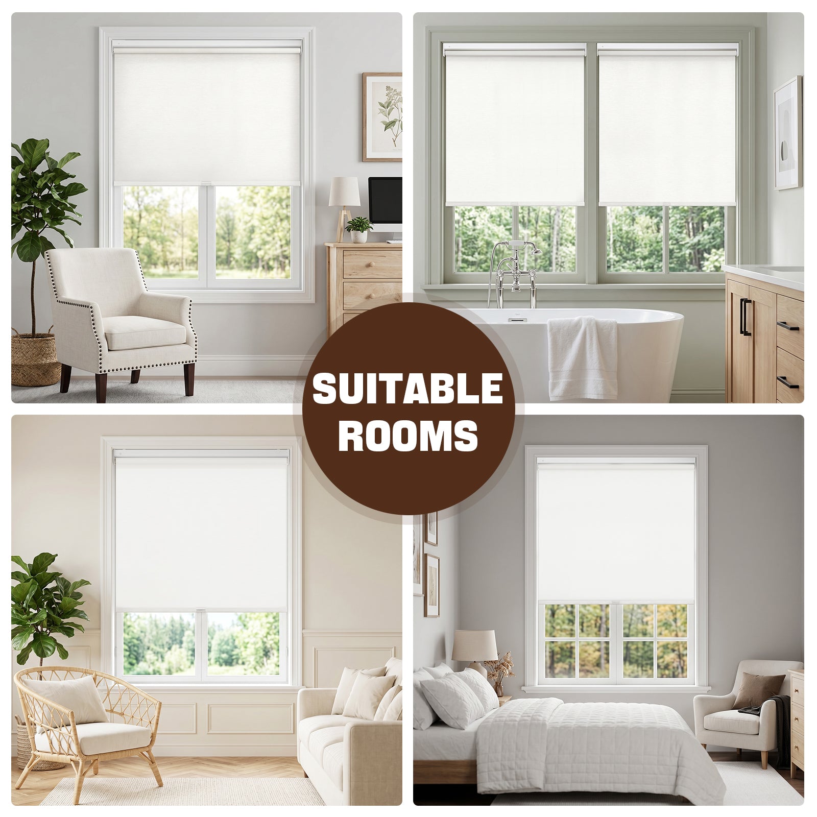 Multi scene showcase of no drill cordless light filtering roller shades installed in living room, bedroom, kitchen, and office interiors