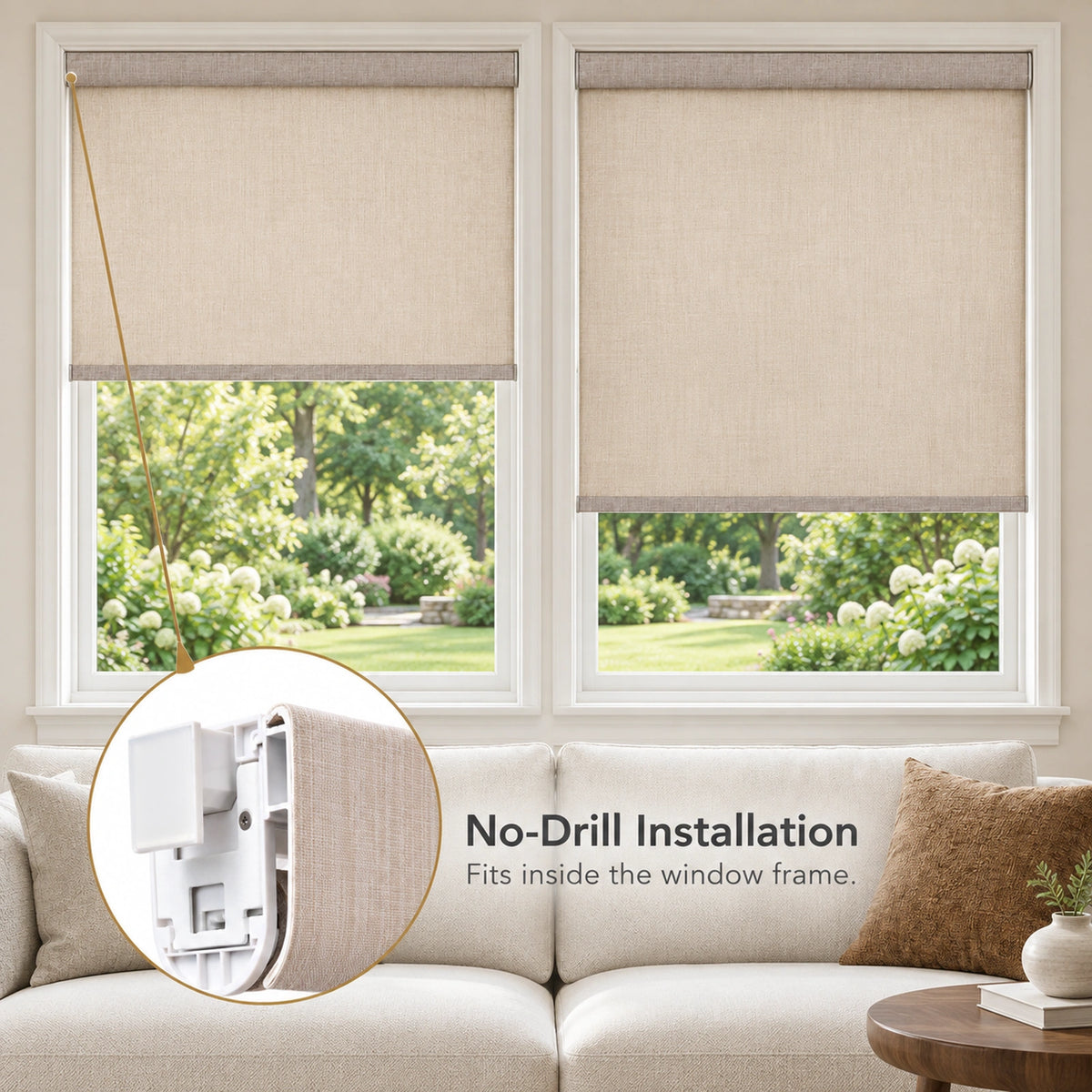 No-drill cordless roller blind with light-filtering fabric and full privacy, securely fitted inside the window frame
