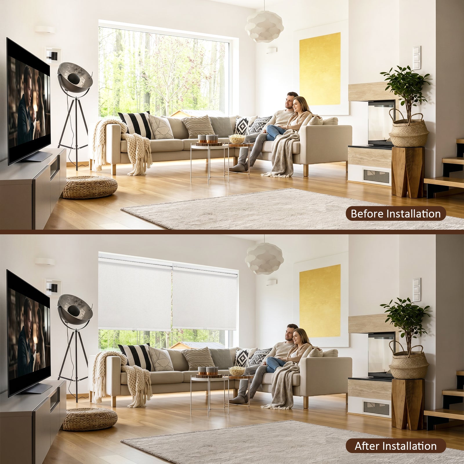 Before and after installation comparison of no drill cordless light filtering roller shade showing window transformation without drilling
