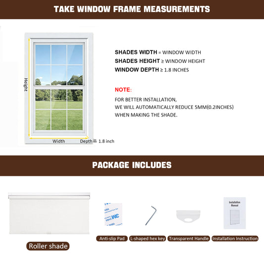 Step by step measuring and installation guide for no drill cordless light filtering roller shade showing window sizing and clamp installation process