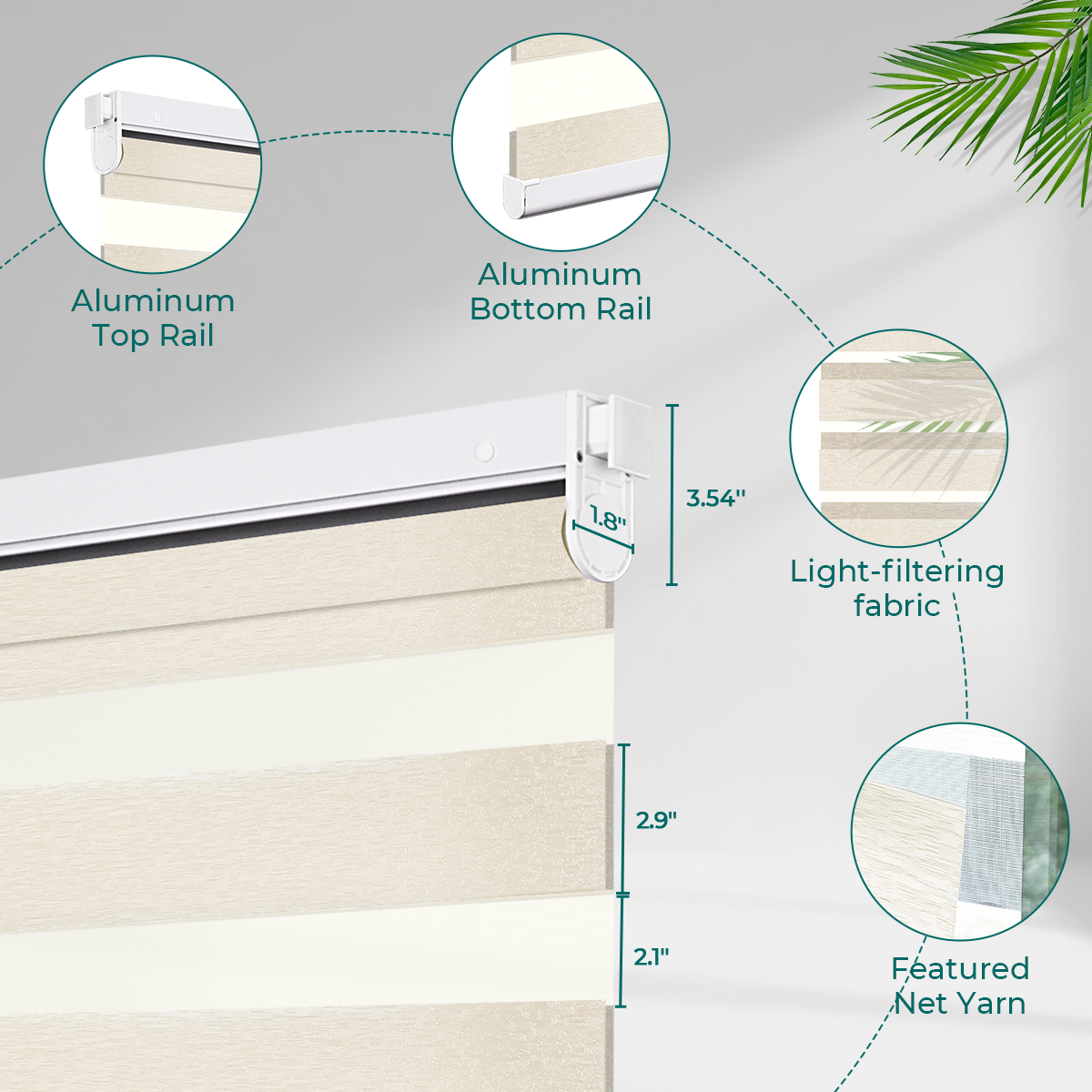 No-Drill Cordless Zebra Blinds Fabric and Mechanism Detail View