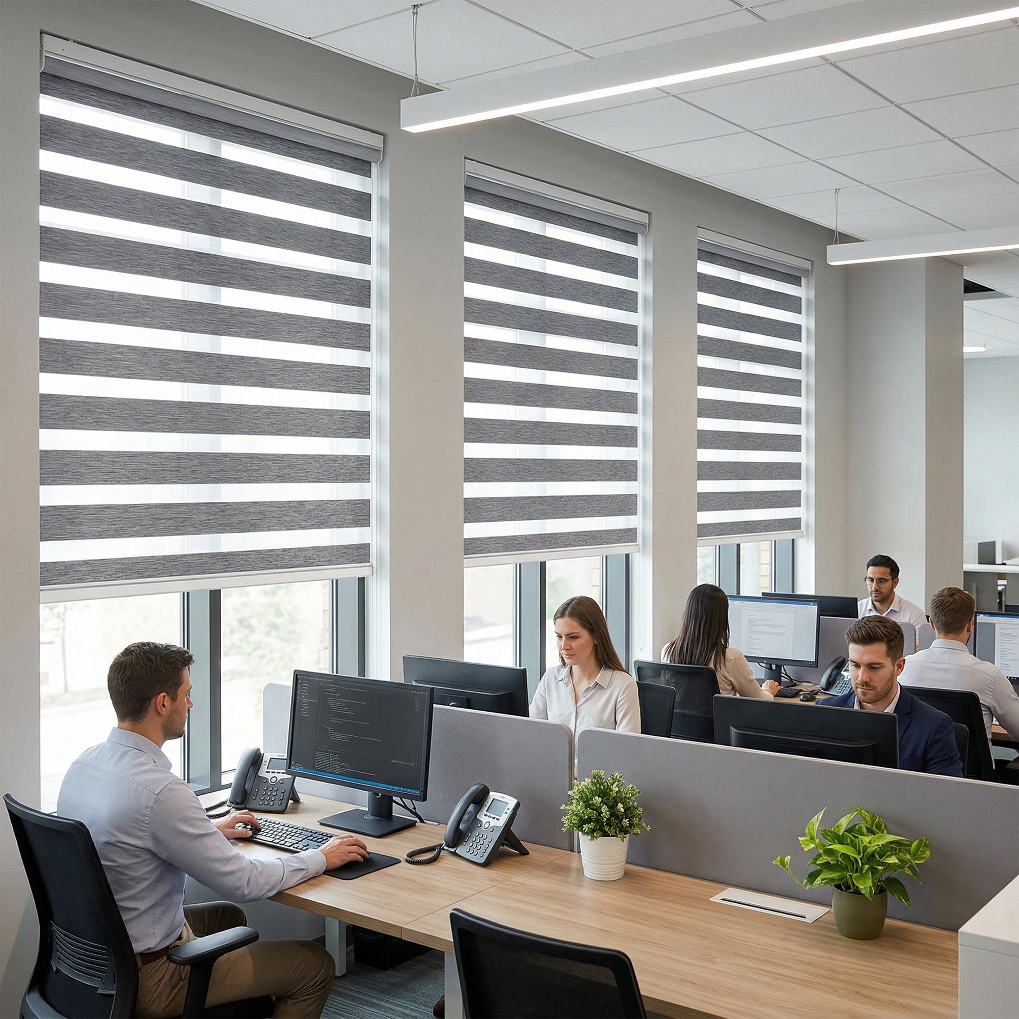 No-Drill Cordless Zebra Blinds in Office – Light Filtering Modern Window Shades for Workspace