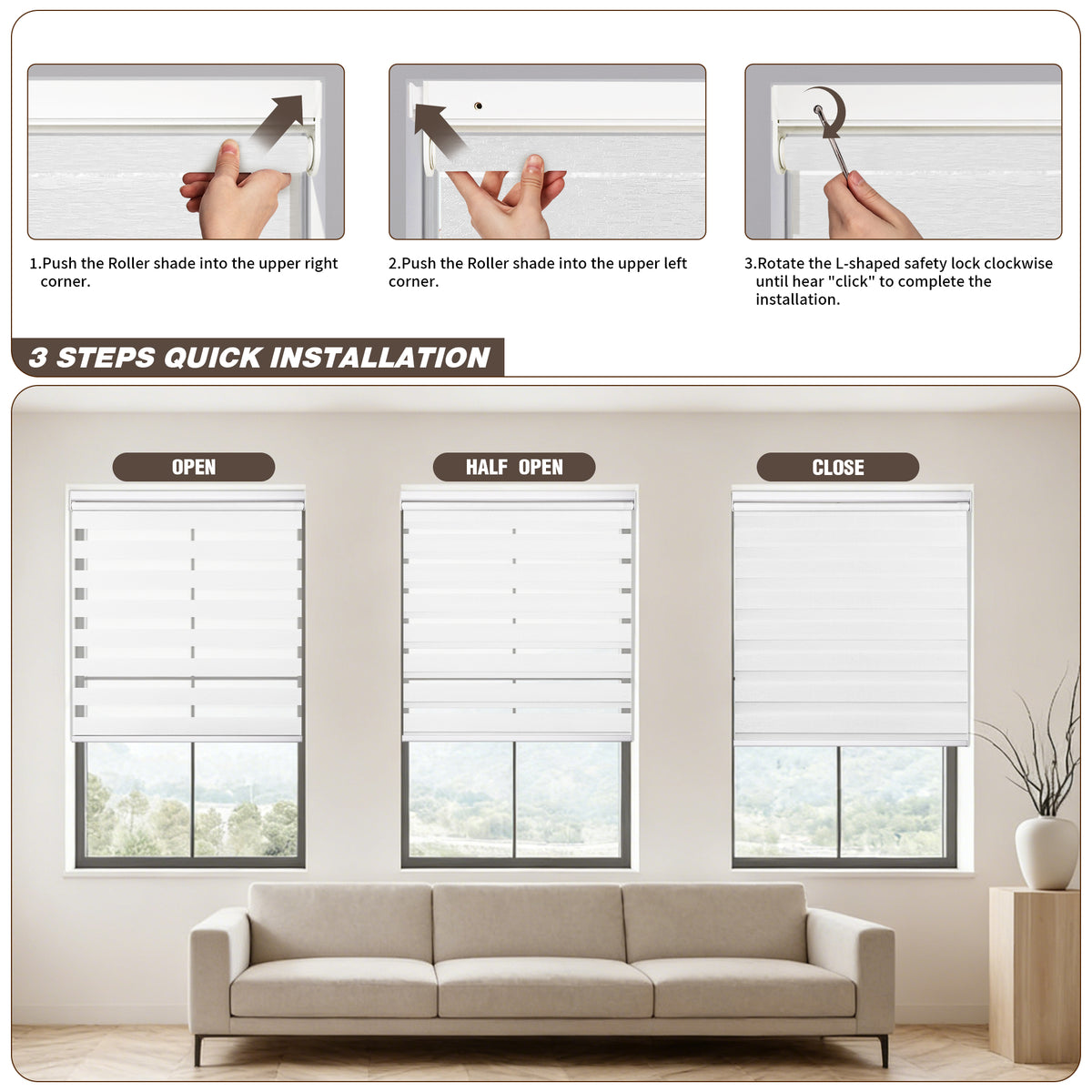 Window installation of custom no drill cordless zebra blinds showing how the spring tension system secures the shade in the frame