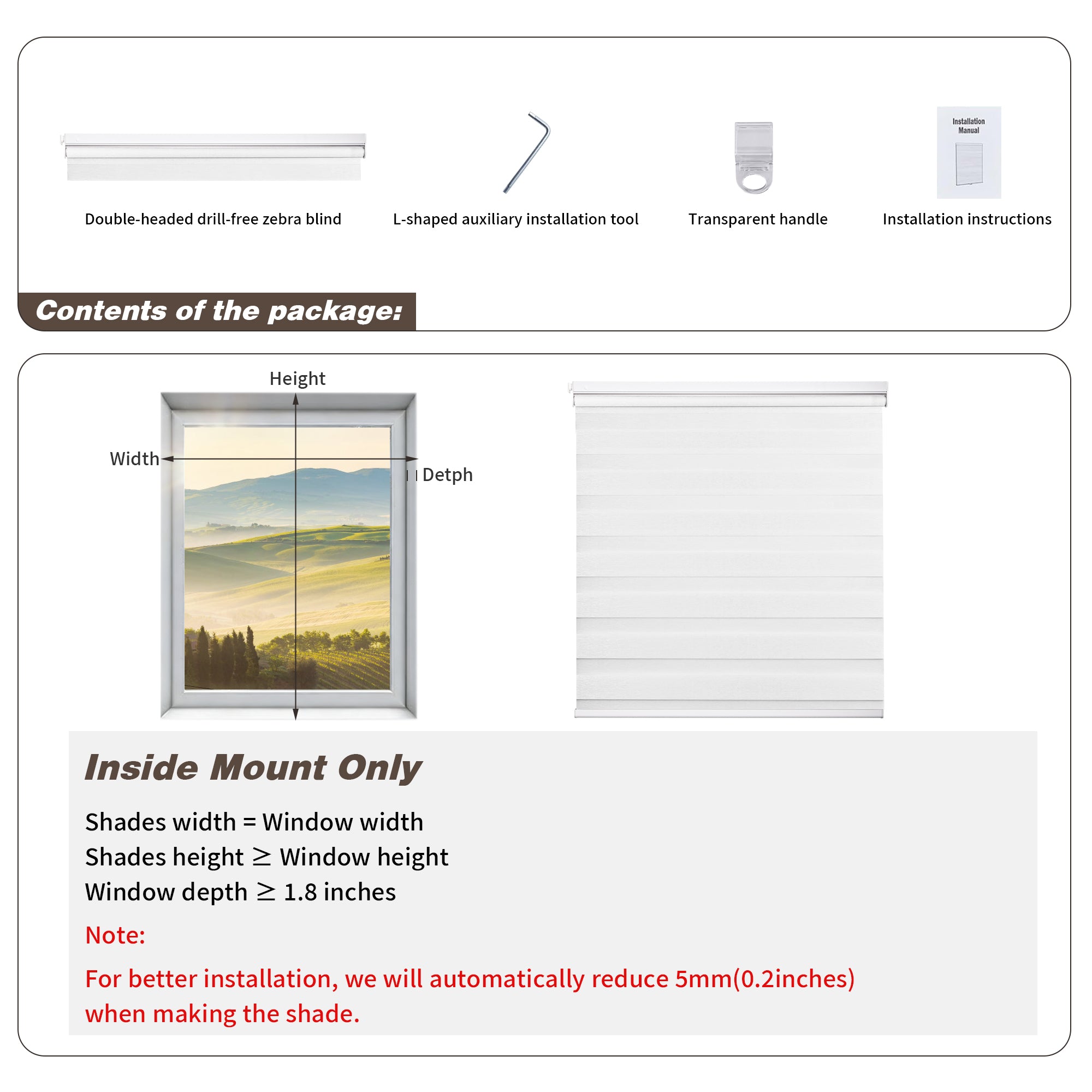 How to measure window for custom cordless no drill zebra blinds, showing inside mount width and height measurement guide for perfect fit