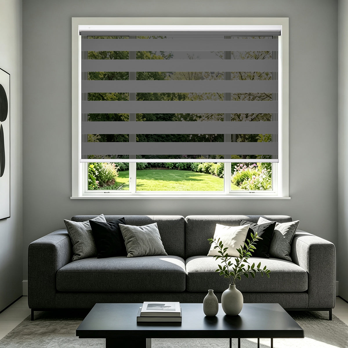 No Drill Cordless Blackout Zebra Shades – Grey zebra roller shades, fitted inside window with dark grey fabric sofa in contemporary living room