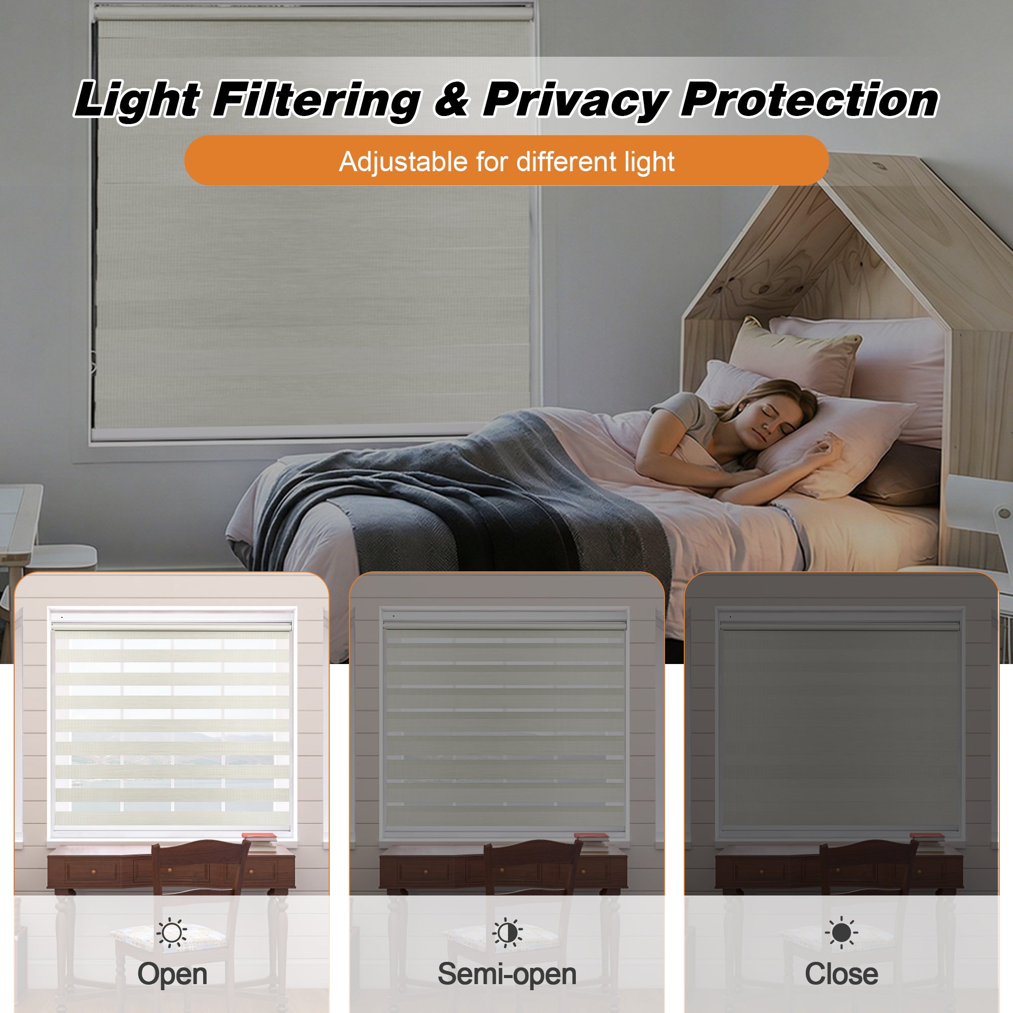Light Control Comparison of Custom No Drill Cordless Zebra Shades at Different Positions