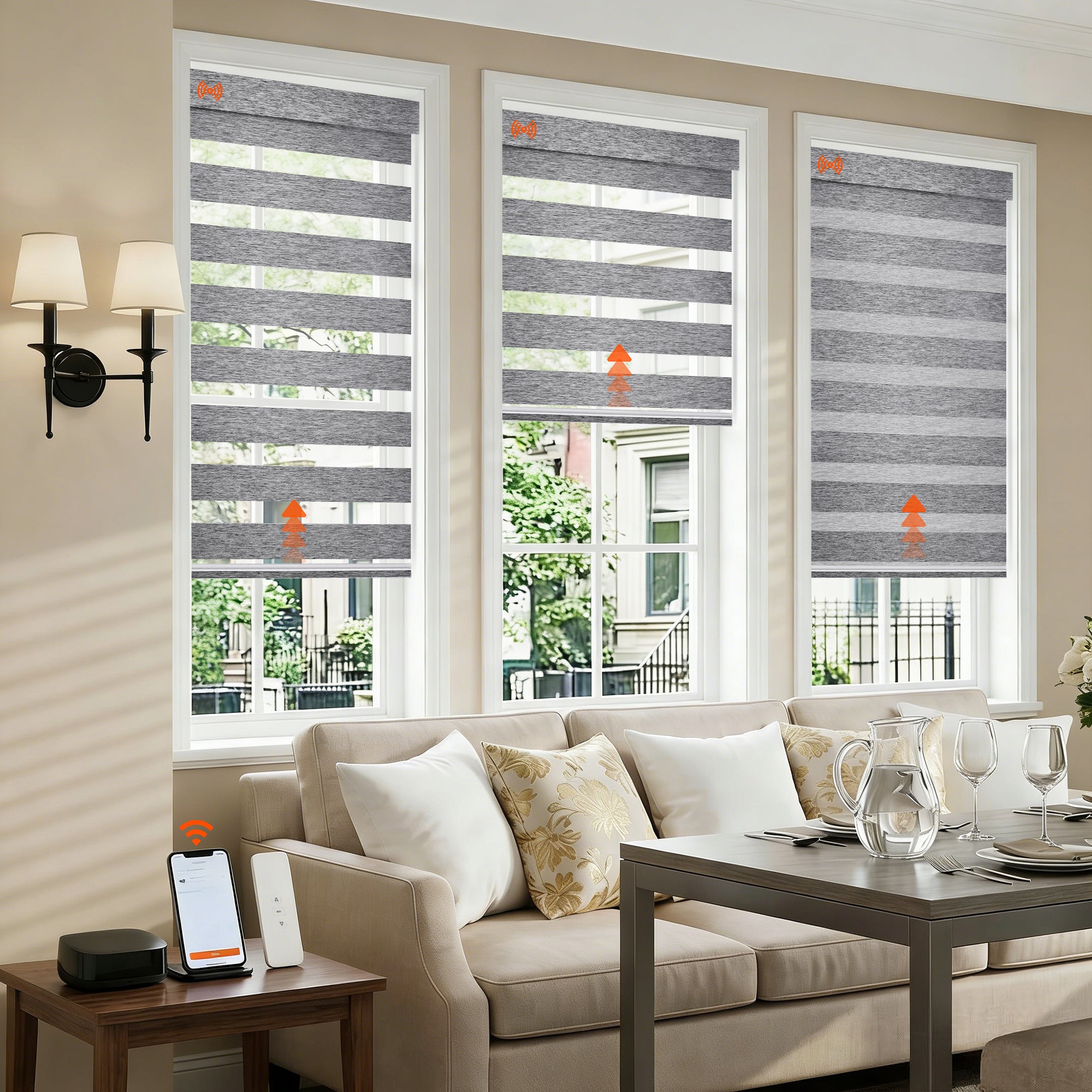 Light control comparison of custom no drill motorized zebra blinds in a modern living room, showing alternating sheer and solid fabric for adjustable privacy and daylight.
