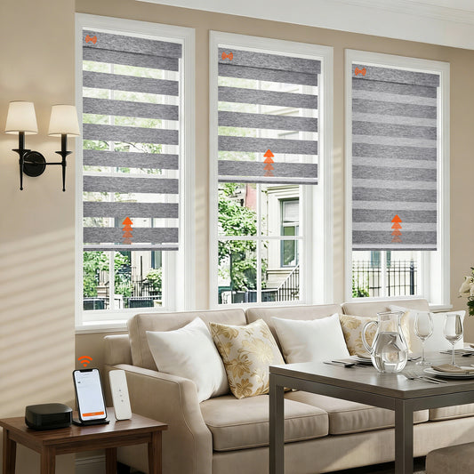 Light control comparison of custom no drill motorized zebra blinds in a modern living room, showing alternating sheer and solid fabric for adjustable privacy and daylight.