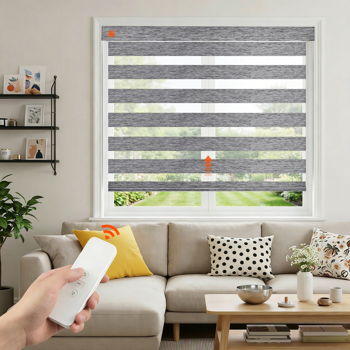 Custom No Drill Motorized Zebra Blinds with remote control in a modern living room, featuring smart wireless operation, adjustable light control, and elegant window styling.