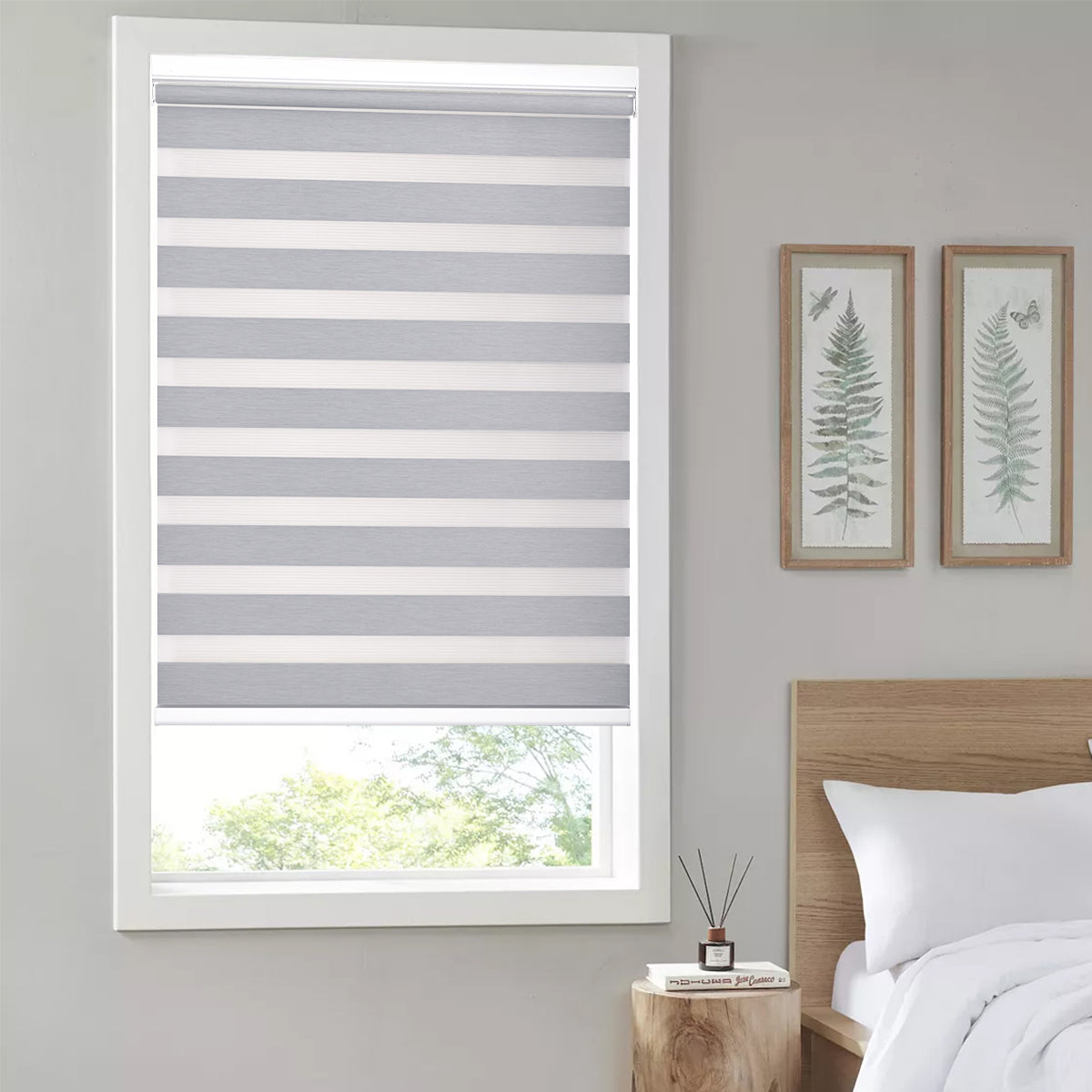 No Drill Cordless Zebra Shades, Room Darkening Dual Layer Window Blinds, Gray Zebra Shades for Bedroom Interior Windows
