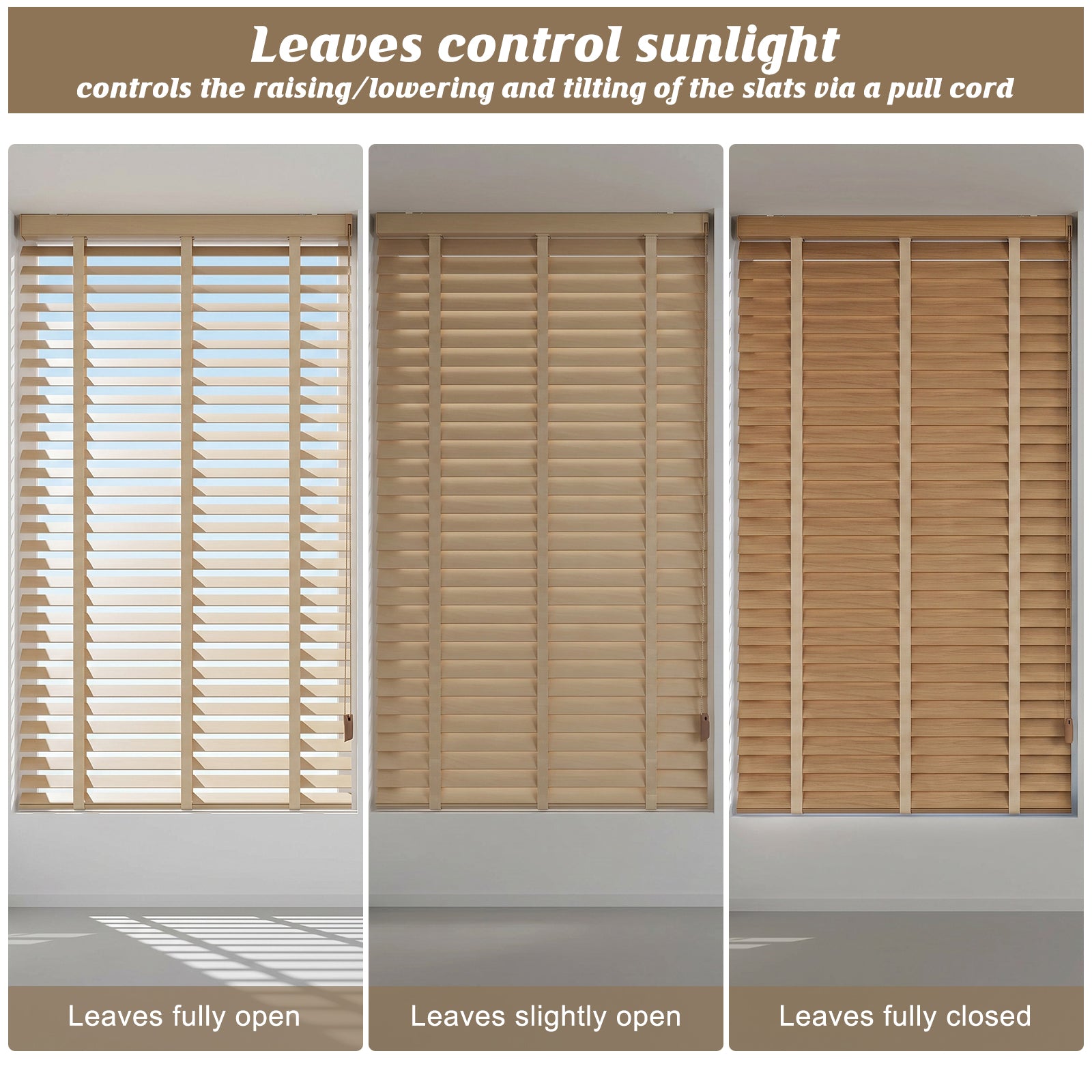 Open vs closed custom corded faux wood Venetian blinds showing light control and privacy