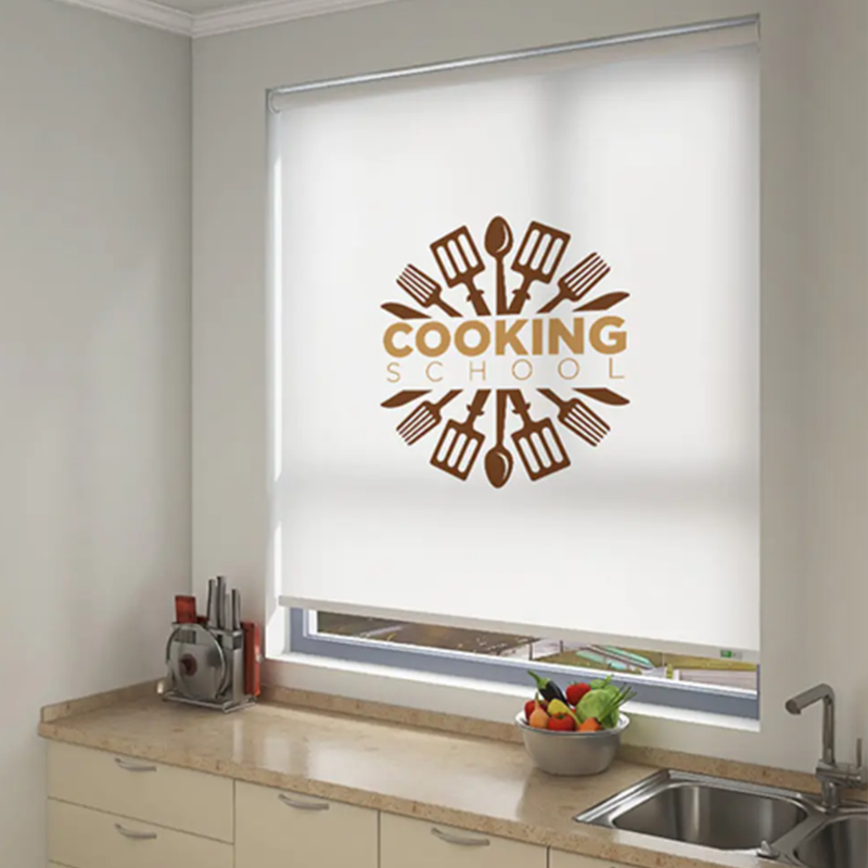 Personalized Roller Shades in Modern Kitchen with Custom Printed Fabric and Cordless Window Covering