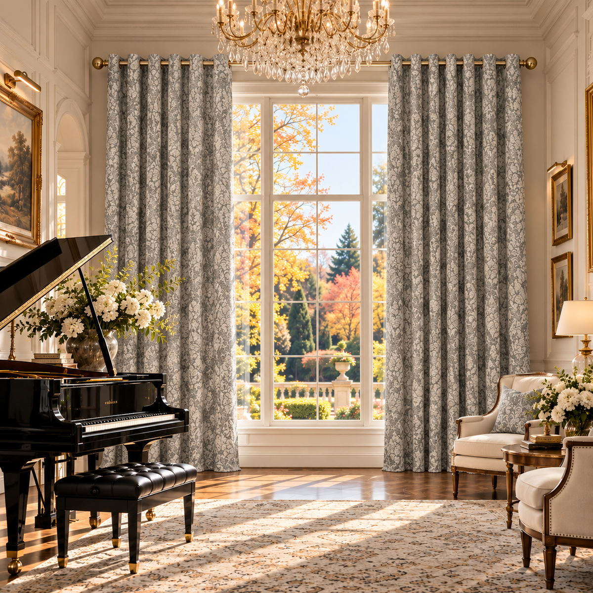 Custom Gray Botanical Wool-Blend Room Darkening Grommet Curtains – 2 Panels