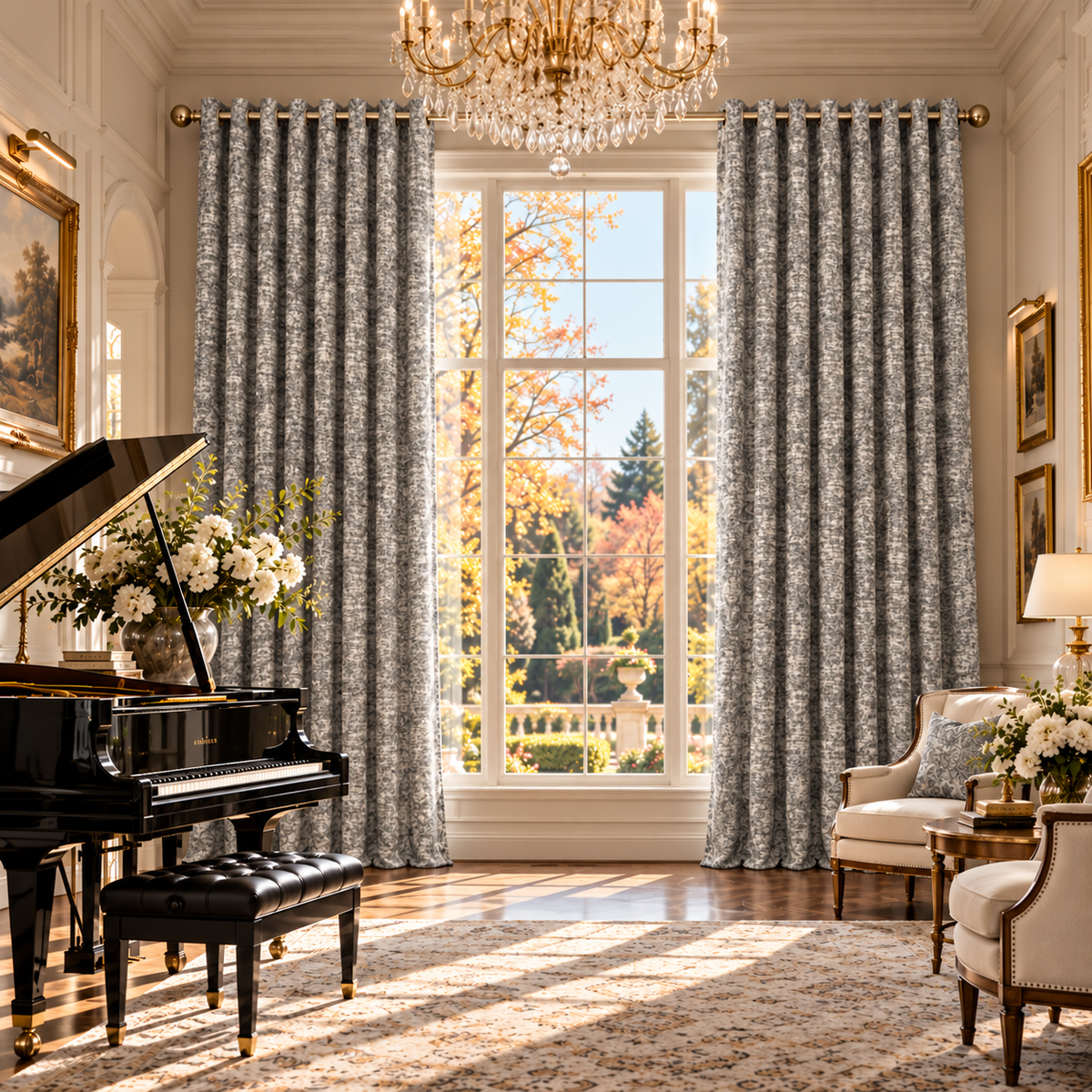 Custom Gray Botanical Wool-Blend Room Darkening Grommet Curtains – 2 Panels