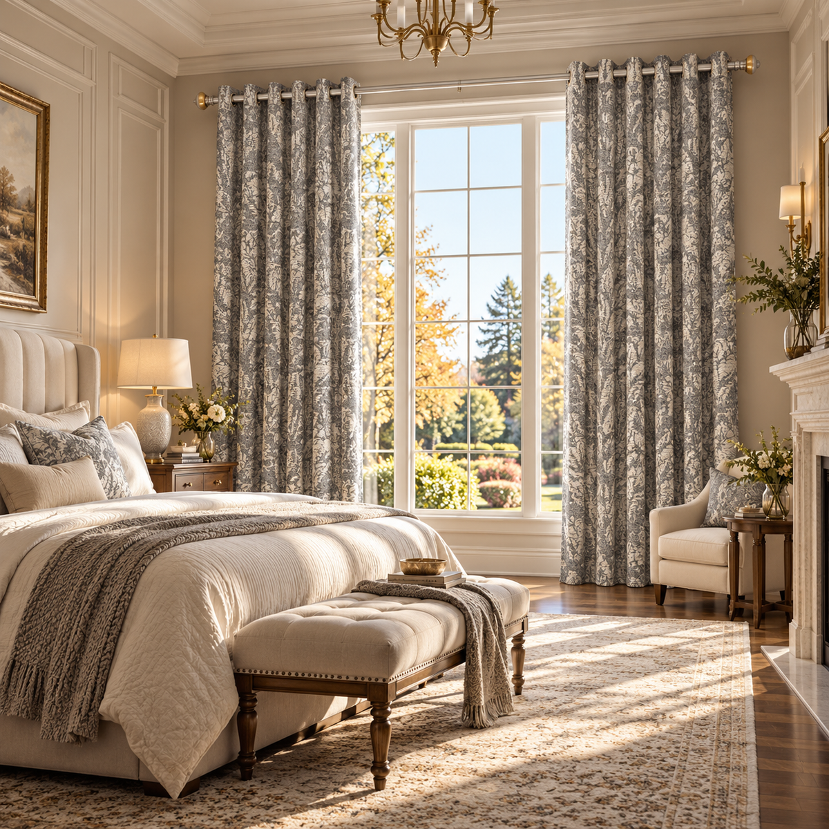Custom Gray Botanical Wool-Blend Room Darkening Grommet Curtains – 2 Panels