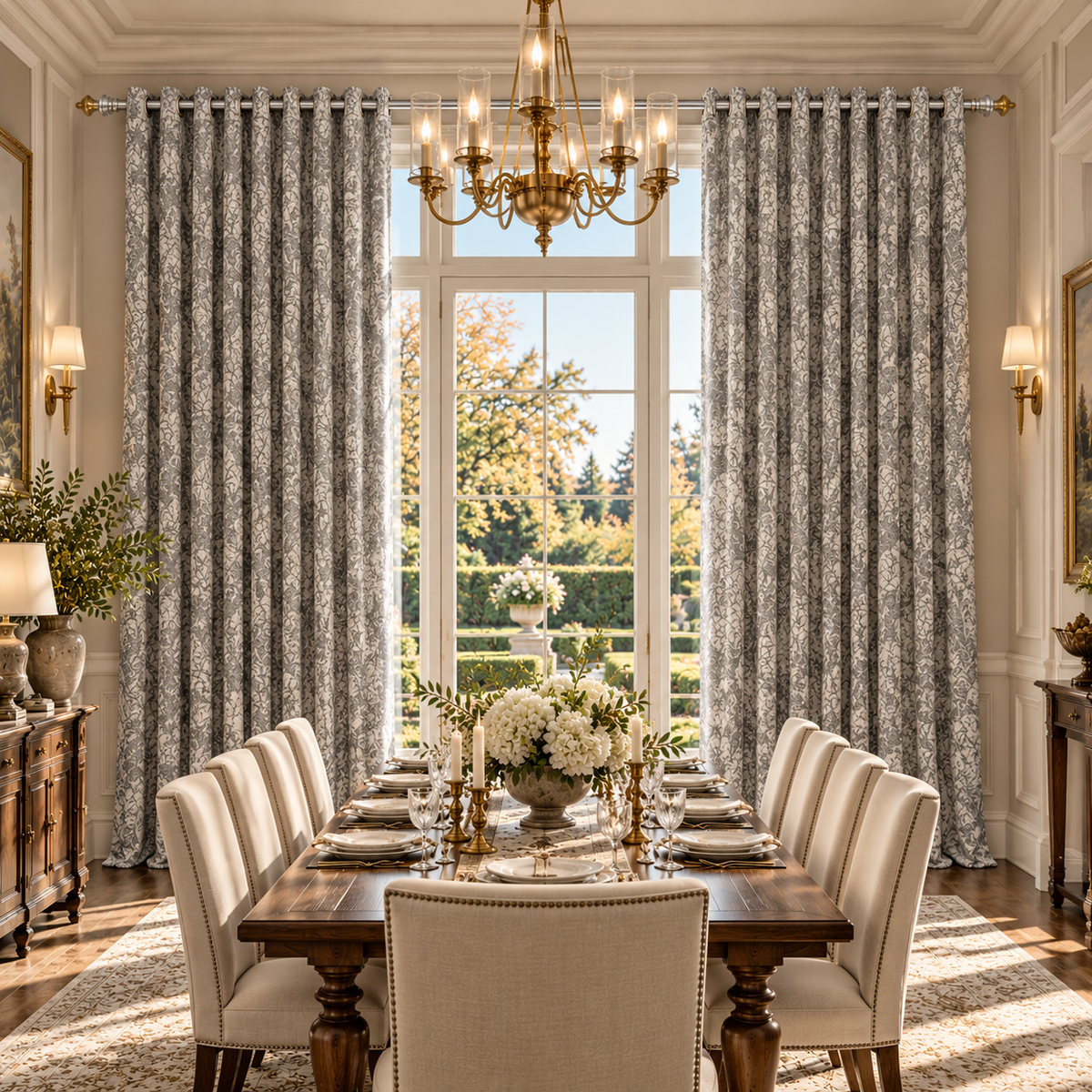 Custom Gray Botanical Wool-Blend Room Darkening Grommet Curtains – 2 Panels