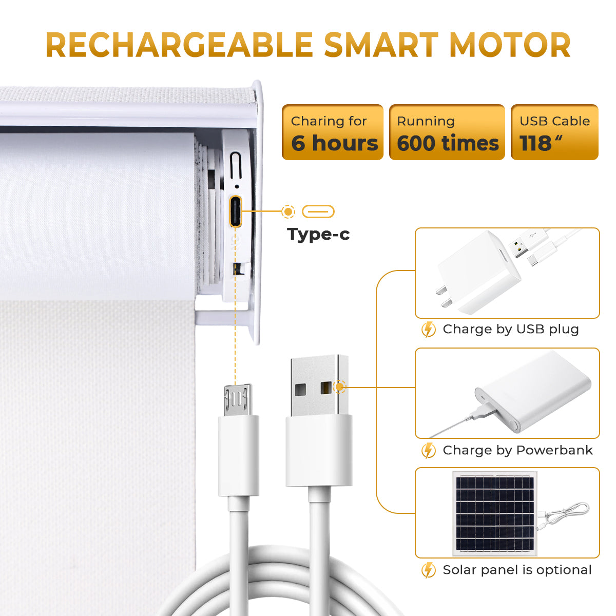 Rechargeable Smart Motorized Blackout Roller Shades with Battery Powered Motor