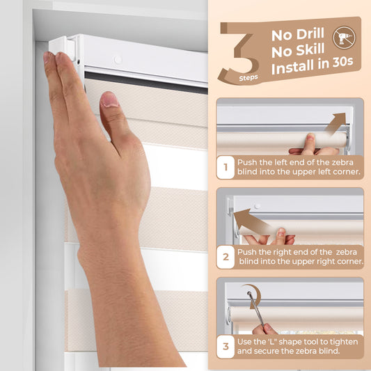 Renter friendly no-drill cordless zebra blinds installation without tools or damage