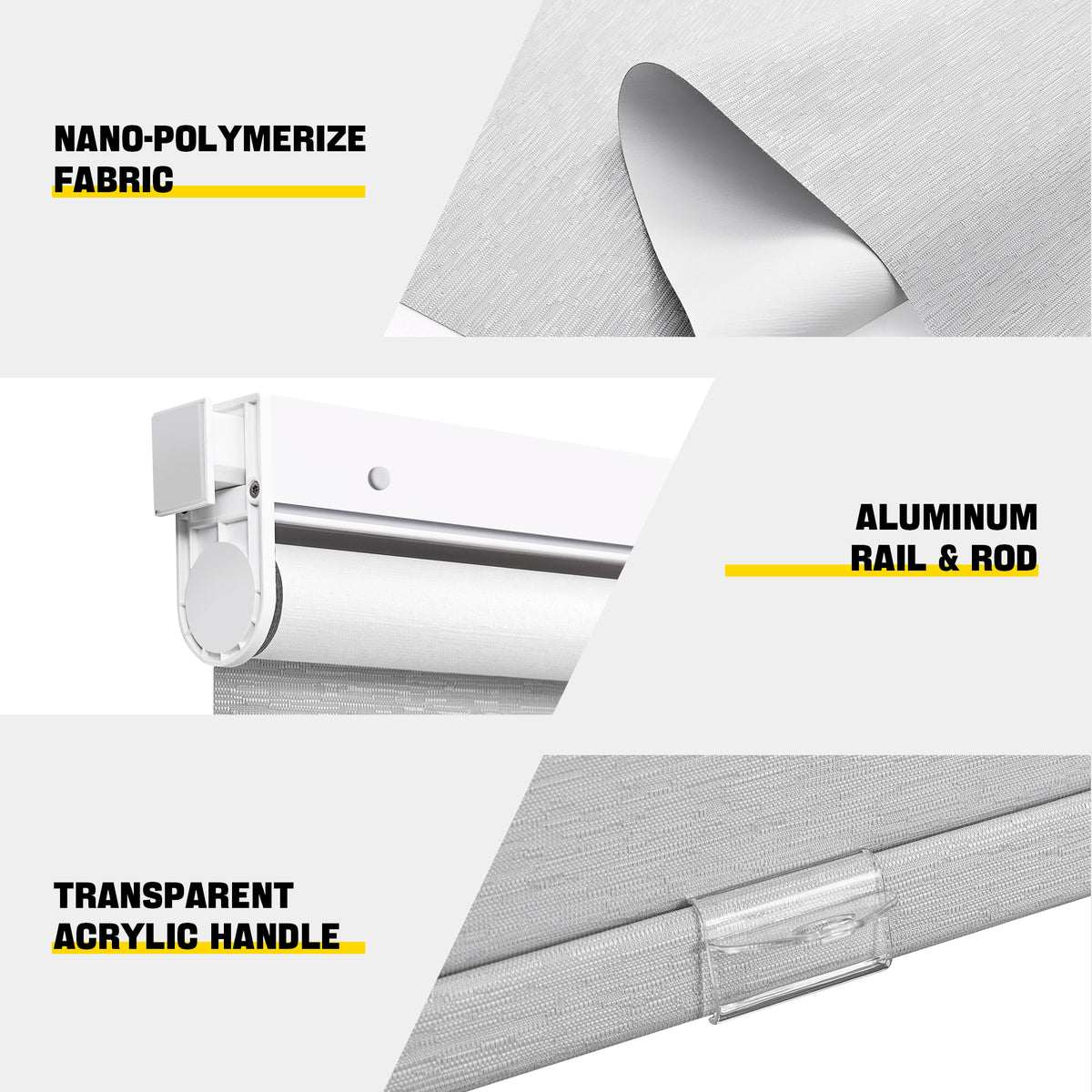 Roller Shades for Windows feature infographic, nano-polymerize fabric, aluminum rail and transparent acrylic handle