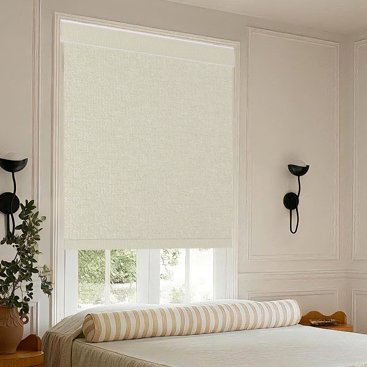 Smart Motorized Blackout Roller Shades in Modern Bedroom with Remote Control