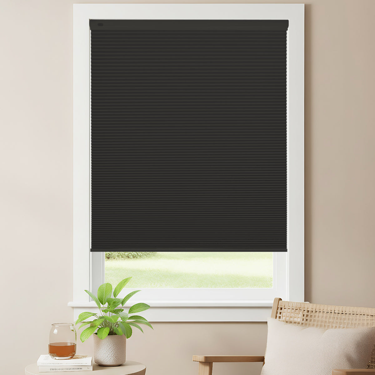Top-down bottom-up blackout honeycomb blind, cordless and no-drill, fitted in a modern hall with large windows