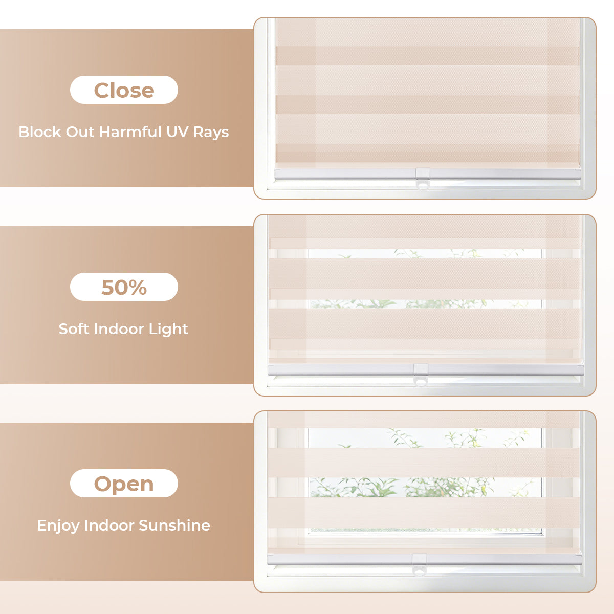 Zebra blinds light control comparison showing no-drill cordless shades in different openness levels