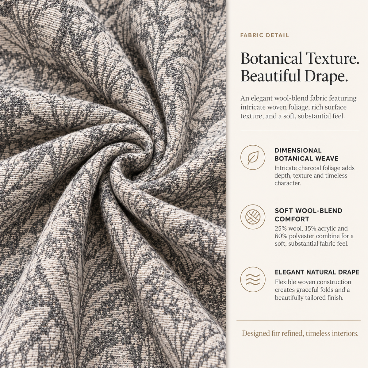Custom Gray Botanical Wool-Blend Room Darkening Grommet Curtains – 2 Panels