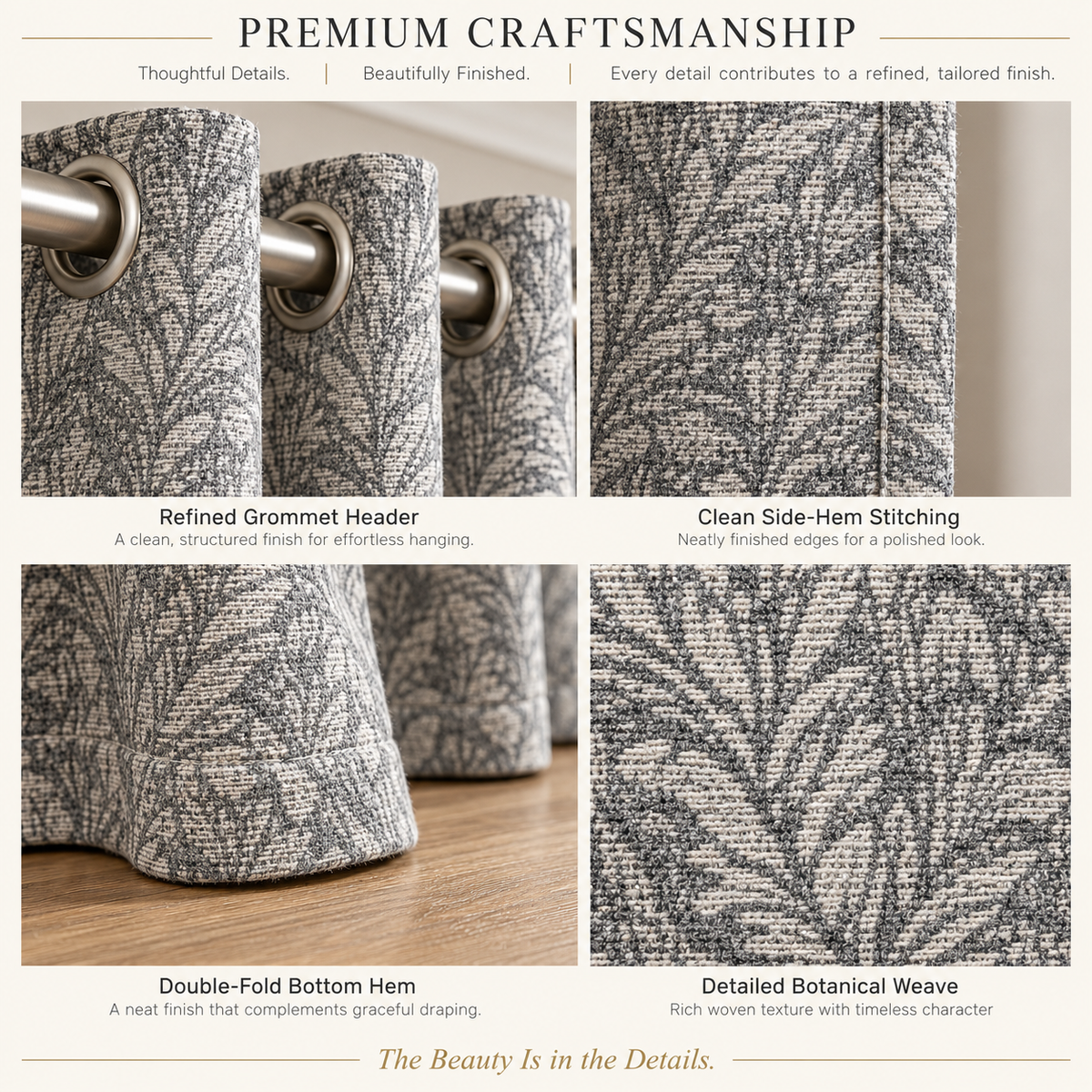Custom Gray Botanical Wool-Blend Room Darkening Grommet Curtains – 2 Panels