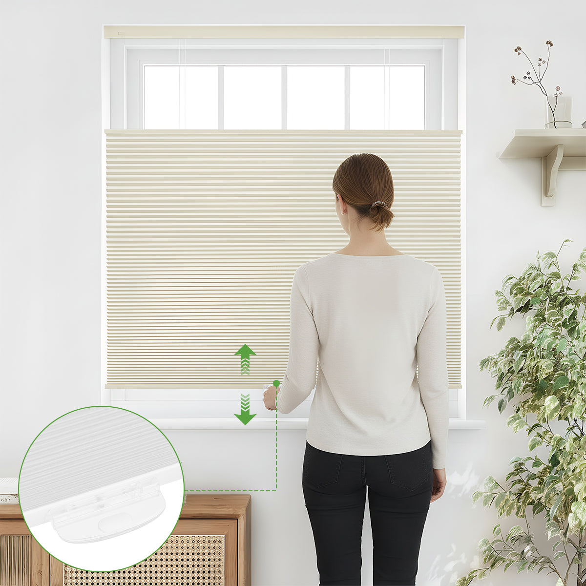 Upgraded Non-Slip Pads - No Drill Top-Down Cordless Cellular Shades 100% Room Darkening Shades