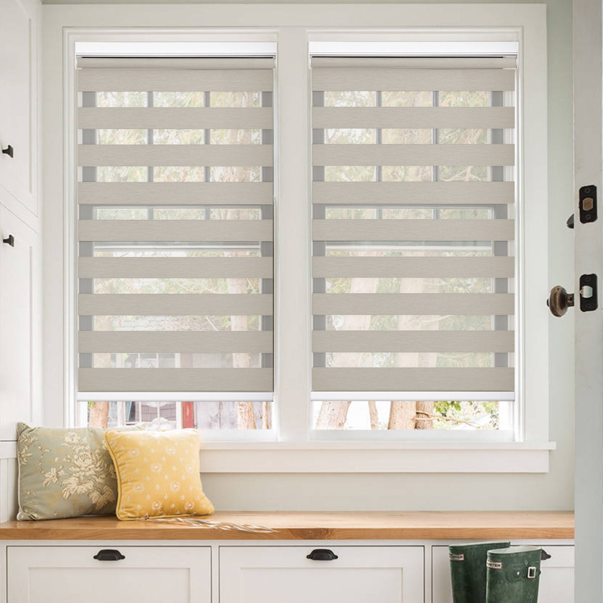 No-Drill Custom Zebra Blinds – Cordless, Dual-Layer, 80% Blackout Roller Shades