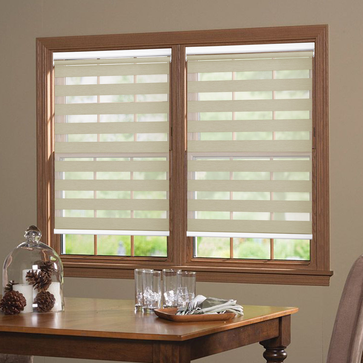 No-Drill Custom Zebra Blinds – Cordless, Dual-Layer, 80% Blackout Roller Shades