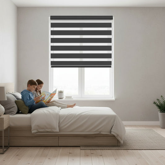 Customize No Drill Zebra Blinds No Tools Zebra Shades Cordless Roller Shades for Windows Dual Layer Roller Blinds Room Darkening Custom Size for Indoor, 80% Blackout