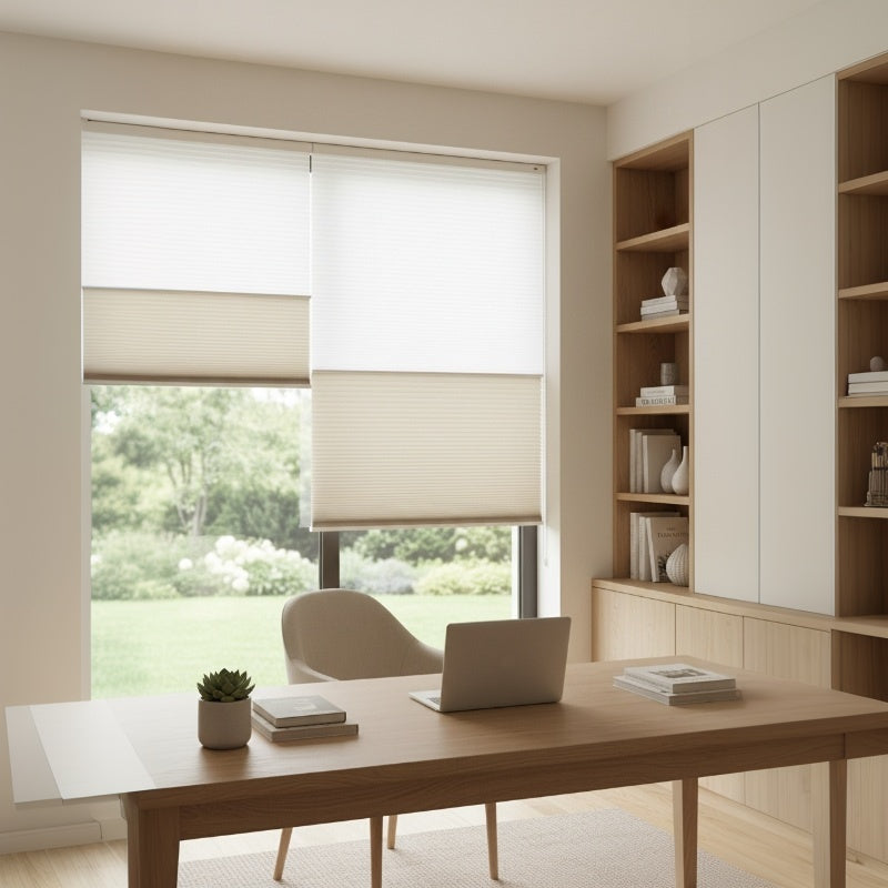 Smart Electric Remote Honeycomb Blinds Double-Fabric Cordless Easy No-Drill Mount