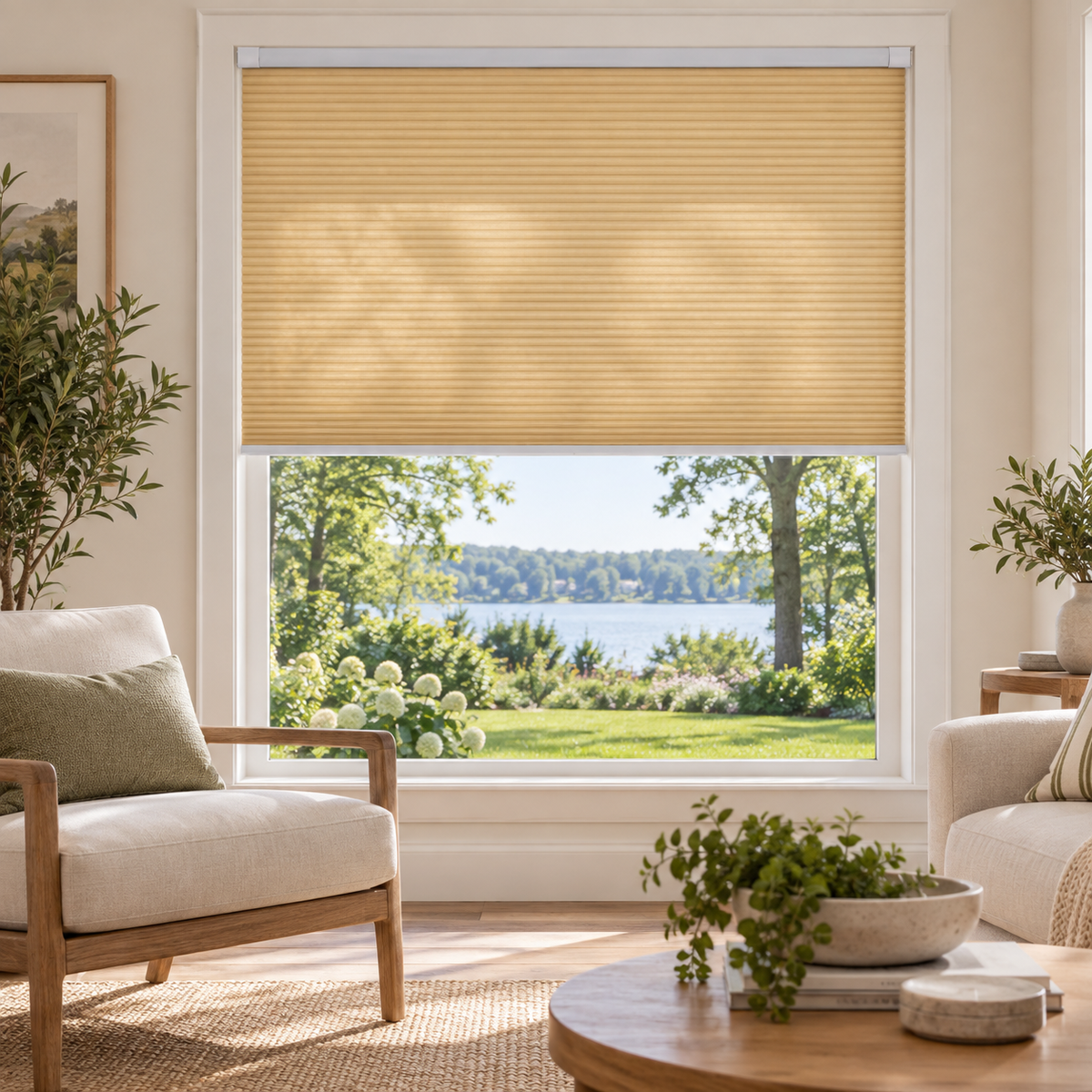Custom No Drill Cordless Light Filtering Cellular Shades with Dual-Head Design