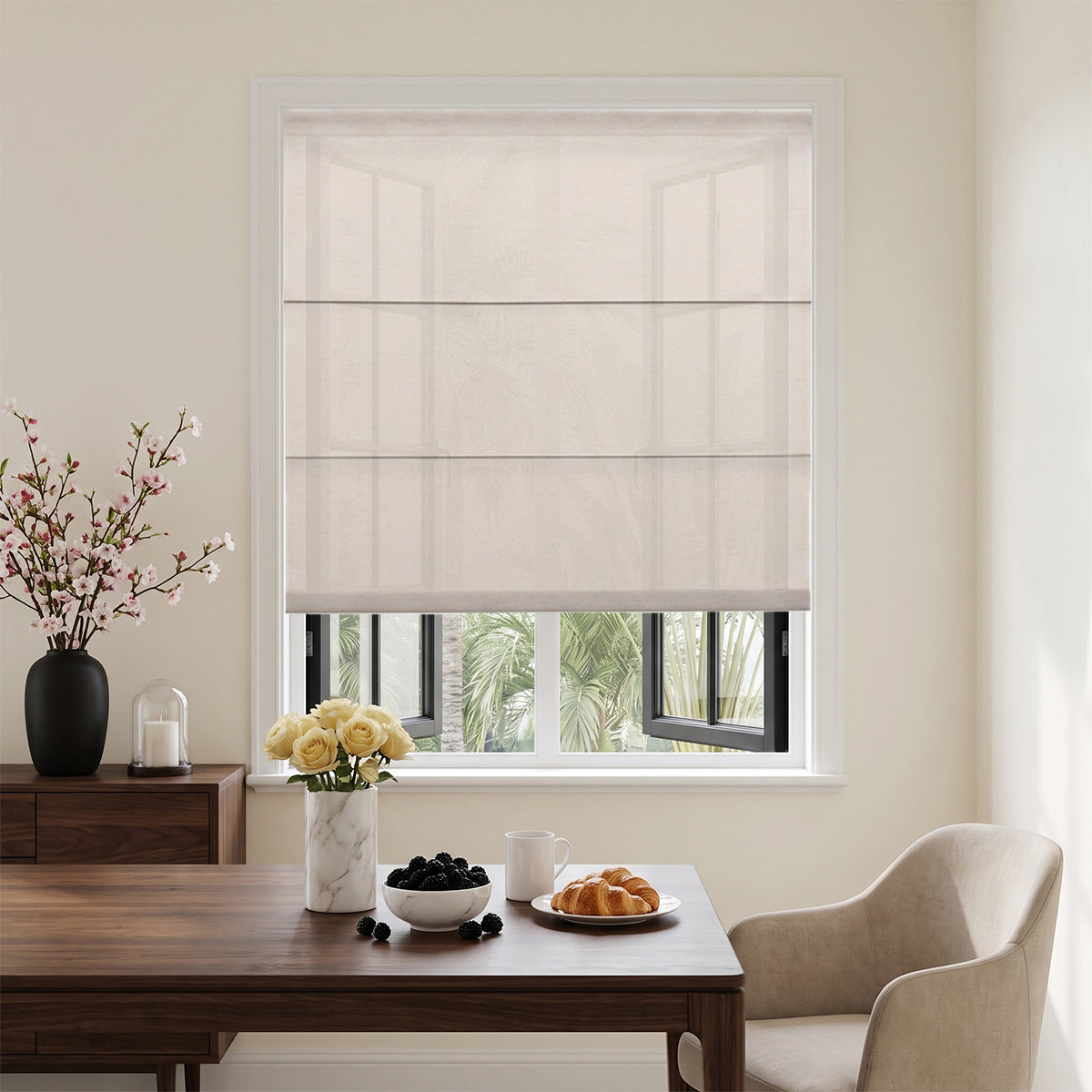 Romantische Rollos für Fenster, ohne Bohren, schnurlose, lichtdurchlässige Rollos, Sondermaß, bedruckt, Slub-Leinen, Natur