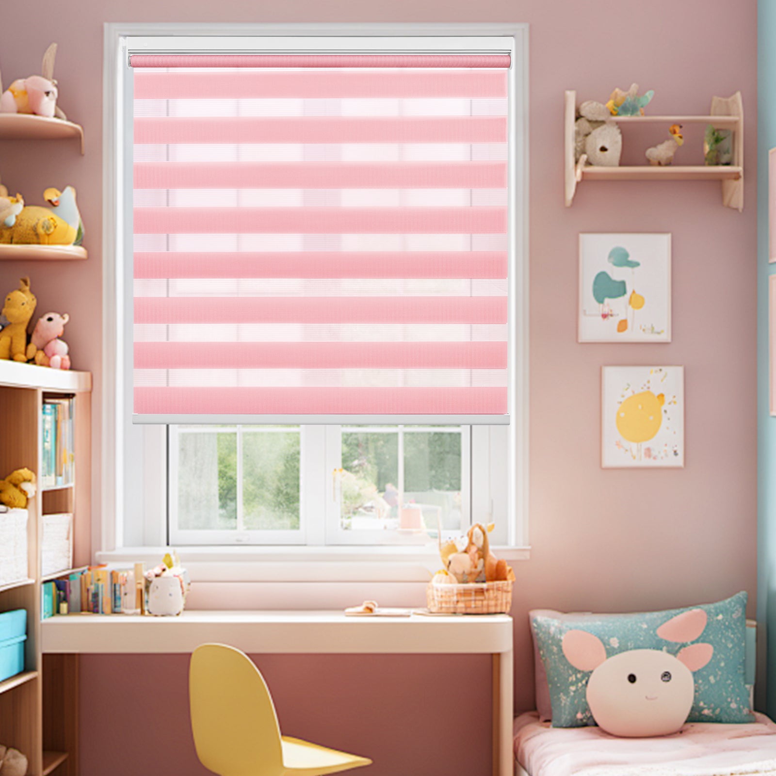 Child Safe Cordless No Drill Light Filtering Zebra Blinds for Kids Room - Fun Colors & Adjustable Privacy