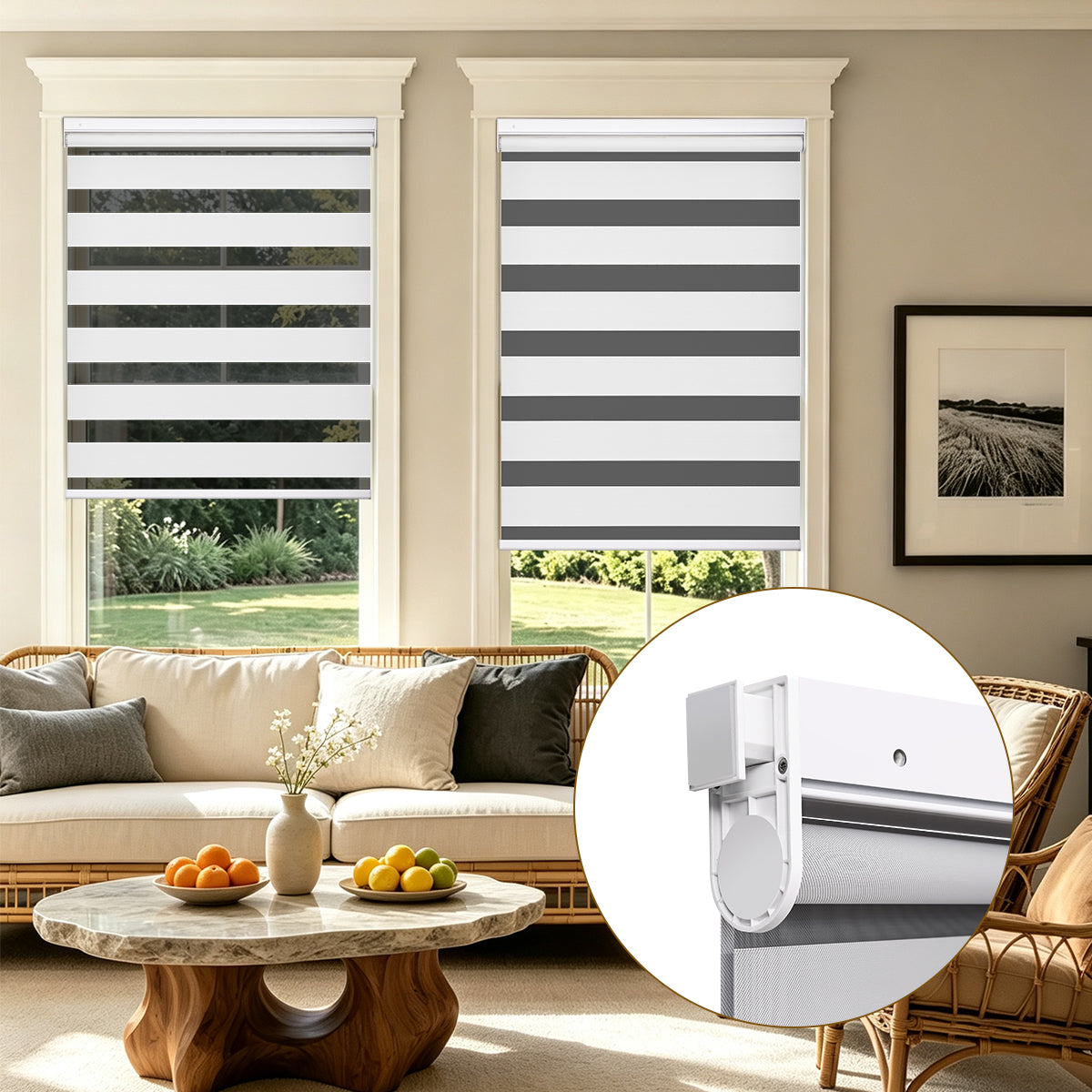 No Drill Cordless Blackout Zebra Shades – 98–100% Light Blocking, Custom Made to Measure