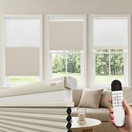 Motorized Day Night Cellular Shades Smart Electric Double Honeycomb Shades with Remote Blackout and Light Filtering Fabric