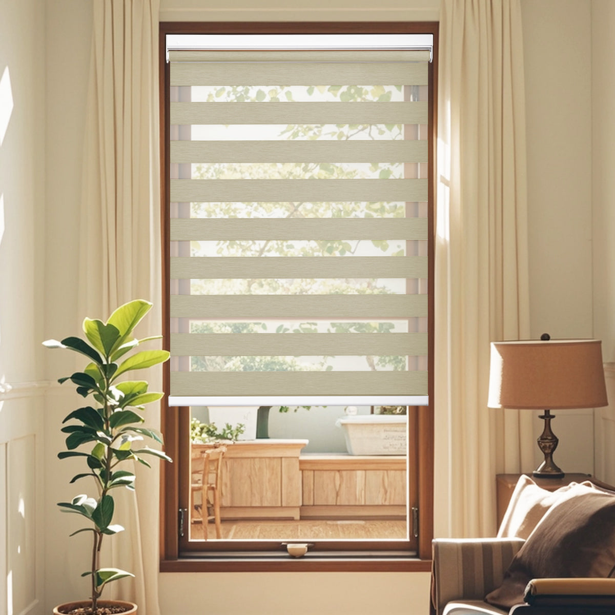 No-Drill Custom Zebra Blinds – Cordless, Dual-Layer, 80% Blackout Roller Shades