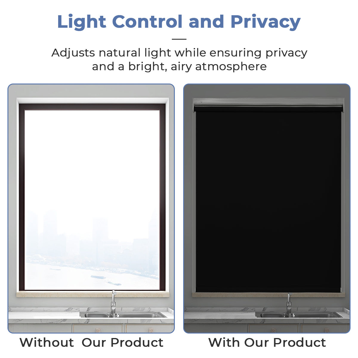 No Drill Cordless Roller Shades No Tools 100% Blackout Roller Windows Blinds Waterproof Fabric Privacy Blinds Thermal Insulated Tension Shades for Home Office