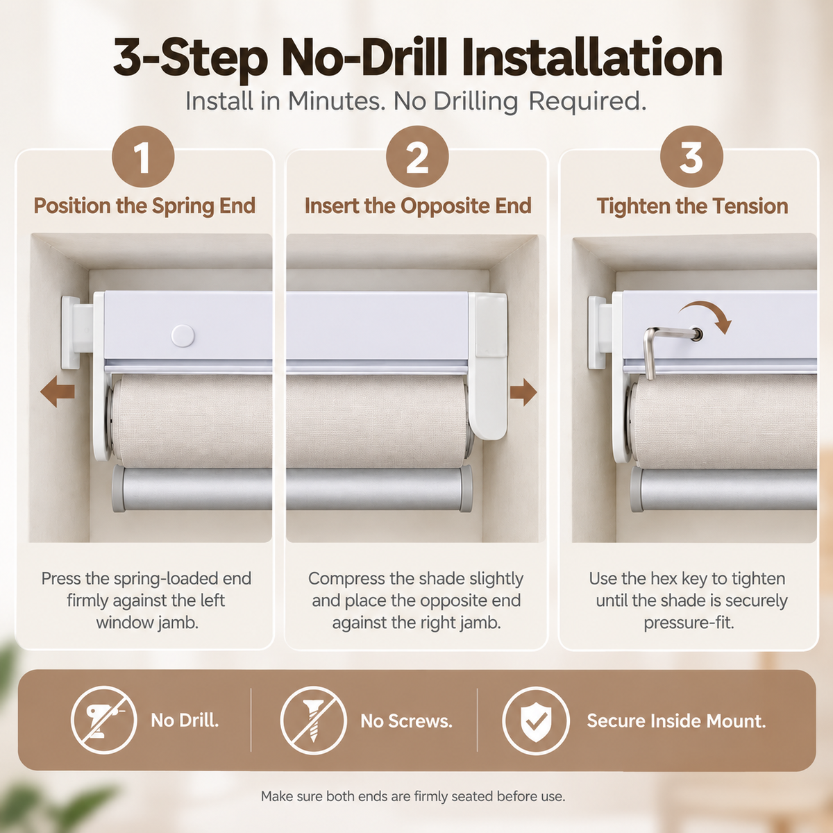 30-Second Easy Installation No Drill Cordless Roller Shades