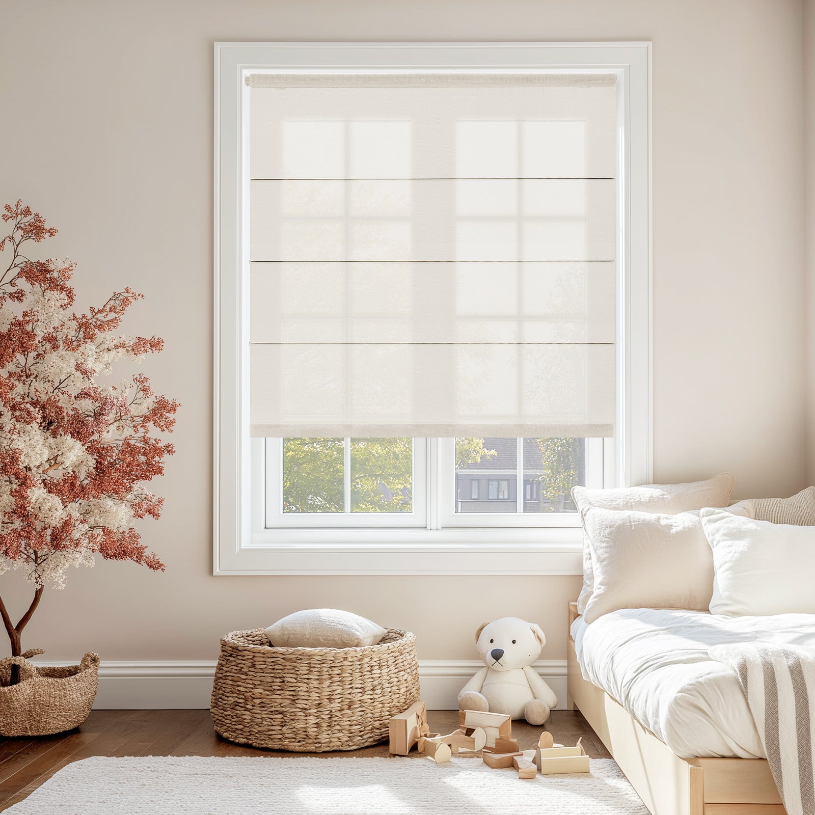 No-Drill Cordless Light Filtering Roman Shade With Fabric-Wrapped Bottom Rail