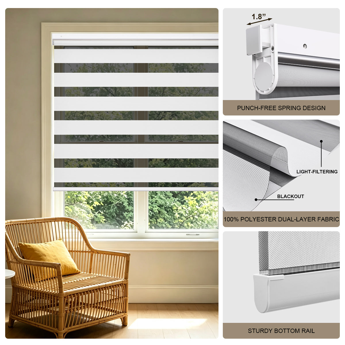 No Drill Cordless Blackout Zebra Shades – 98–100% Light Blocking, Custom Made to Measure