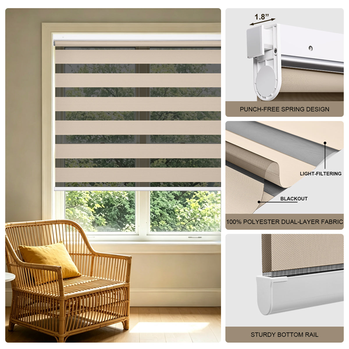 No Drill Cordless Blackout Zebra Shades – 98–100% Light Blocking, Custom Made to Measure