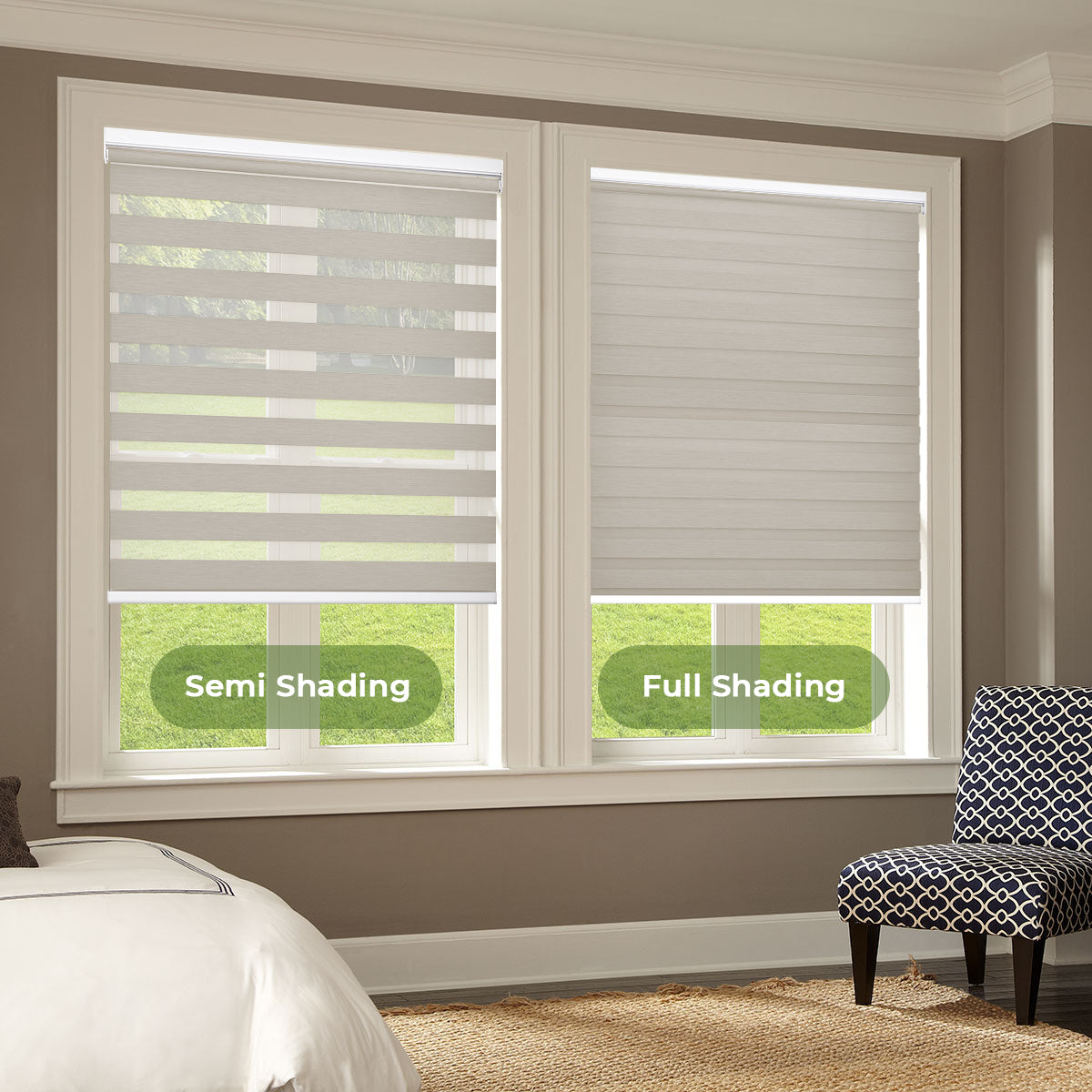 No-Drill Custom Zebra Blinds – Cordless, Dual-Layer, 80% Blackout Roller Shades