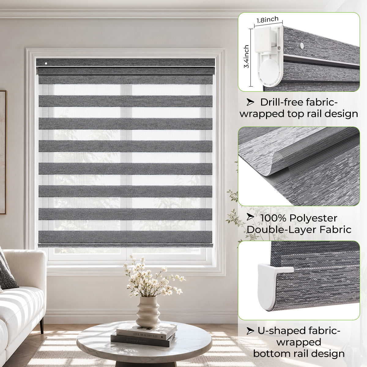 Custom No-Drill Cordless Zebra Blinds Blackout – 100% Light Blocking Window Shades for Home