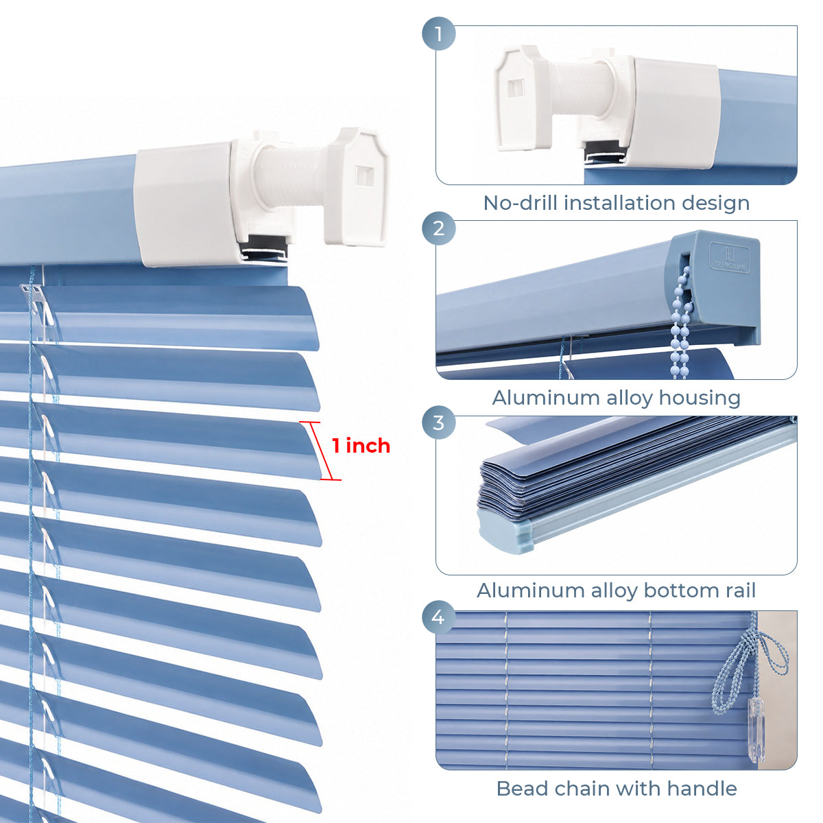 25mm No Drill Aluminum Venetian Blinds Shiny Finish Waterproof Bead Lift Window Shades for Bathroom Kitchen Custom Size Easy Clean